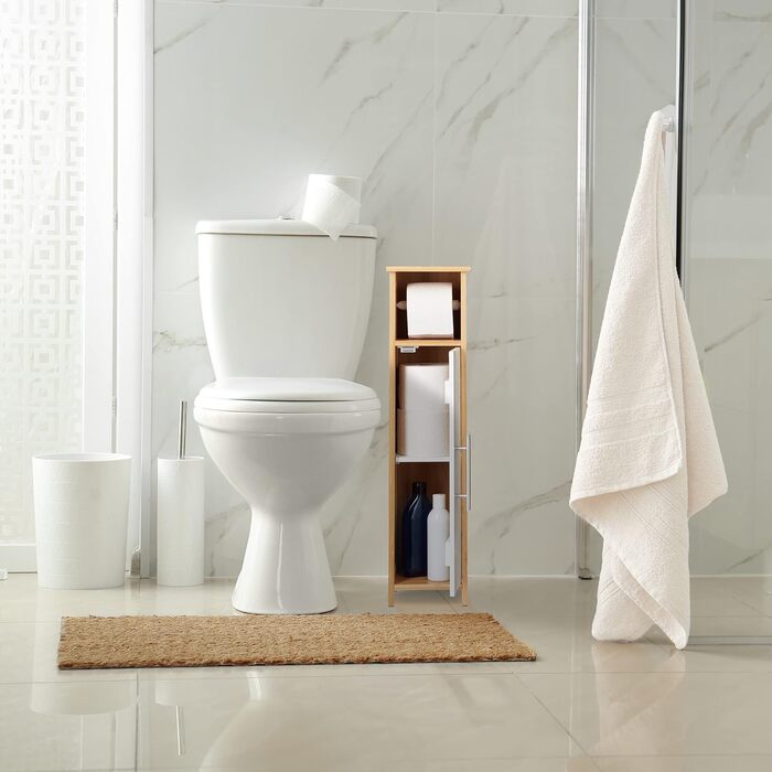 Relaxdays Toilettenpapierhalter stehend, Badezimmeregal HBT: 71x18x20 cm, MDF & Bambus, WC Papier Schrank, braun/weiß