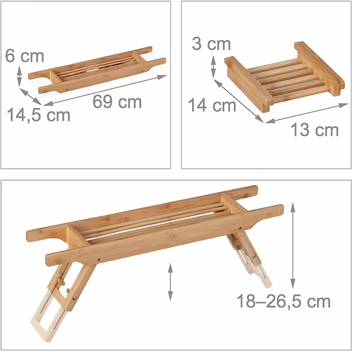 Relaxdays Badewannenablage Bambus, 69 cm breit, ausklappbare Füße, Badewannenbrett mit Seifenablage, Wannenablage, Natur