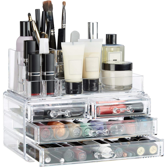 Relaxdays 1 x Make Up Organizer mit 4 Schubladen, Kosmetik Halter Nagellack u. Lippenstift, Acryl Make Up Kit, transparent
