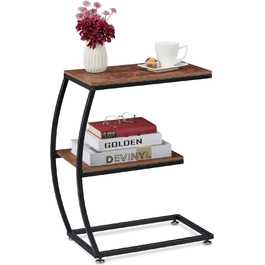 Relaxdays Beistelltisch, 2 Ablagen, C-Form, Industrial Design, Sofatisch Metall & Holzoptik, HBT: 57,5x47,5x25 cm, braun