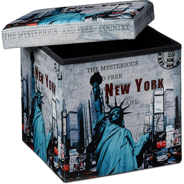 Relaxdays Faltbarer Sitzhocker 38 cm, stabiler Sitzwürfel, Kunstleder, Stauraum, New York Motiv