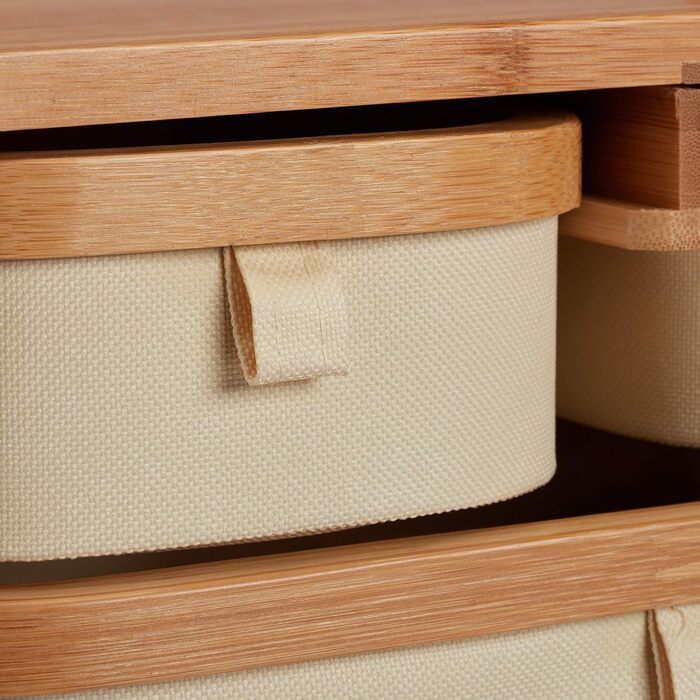 Relaxdays, Natur Mini Kommode Bambus, 3 Fächer, kleines Badregal, Stoff, Kosmetikorganizer Landhaus, HBT 19 x 34 x 23 cm, Standard