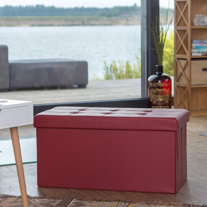 Relaxdays Faltbare Sitzbank, 2-Sitzer mit Stauraum, Kunstleder, 300 kg belastbar, Dunkelrot