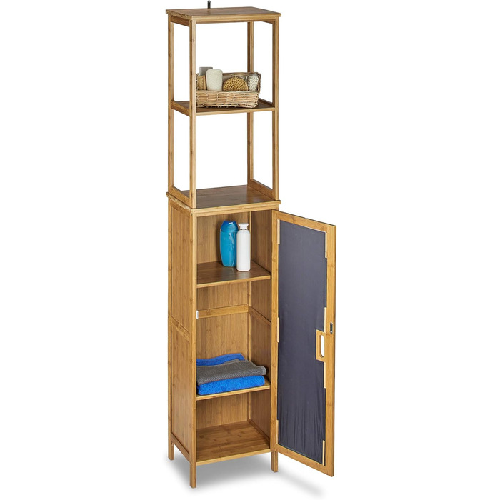 Relaxdays Badregal Bambus, 5 Ablagen, HxBxT: 170x33,5x28 cm, mit Schranktür, stehend, natur