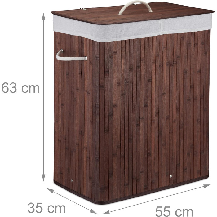 Relaxdays Wäschekorb Bambus mit Deckel, rechteckiger Wäschesammler, 2 Fächer, 95 l Volumen, faltbare Wäschebox, (Braun)
