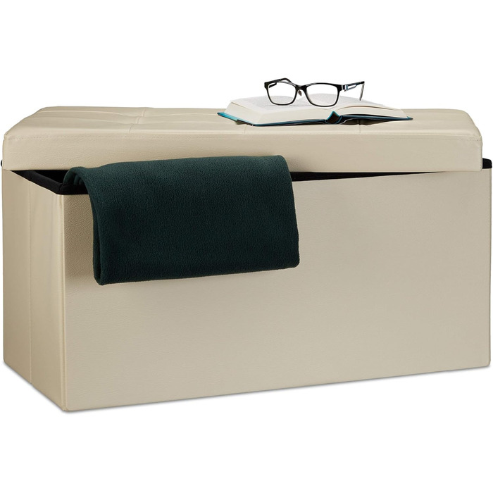 Relaxdays Faltbare Sitzbank 2-Sitzer mit Stauraum, Kunstleder, 300 kg belastbar, Creme