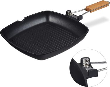 Relaxdays Grillpfanne, abnehmbarer Holzgriff, antihaftbeschichtet, BBQ Bratpfanne mit Rillen, Aluminium, schwarz, 5.5 x 51 x