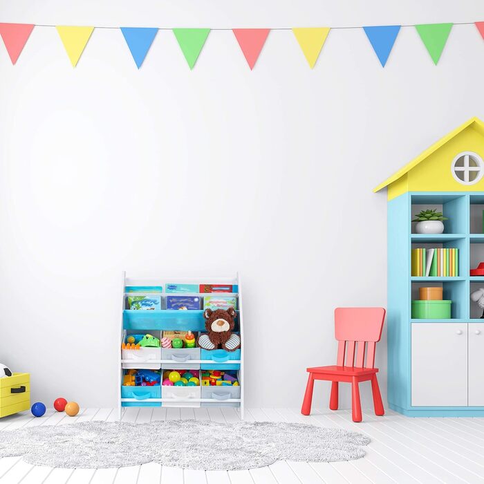 Relaxdays Kinderregal, Tiere Motiv, 6 Boxen, 2 Fächer, Kinderzimmer, Spielzeug Aufbewahrung HBT 74 x 62 x 31,5 cm, bunt, Holzwerkstoff, Lagerfeuer, 1 Stück