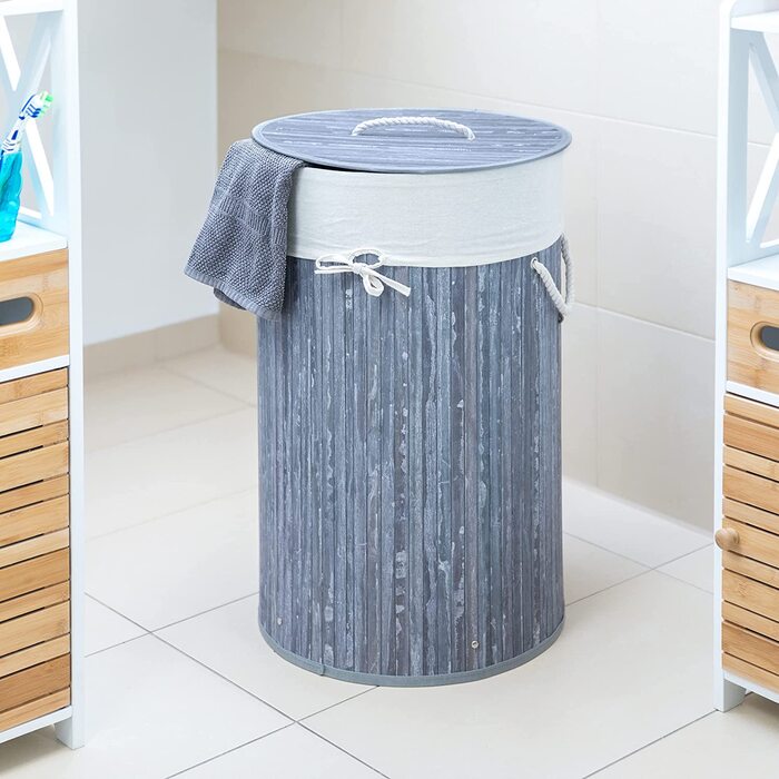 3x faltbare Wäschetonne Bambus, 70L, Baumwoll-Wäschesack, rund Ø 41 cm, grau/weiß, mit Deckel