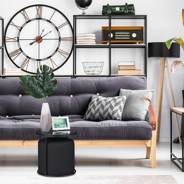 Relaxdays Beistelltisch mit Hocker, runder Couchtisch mit Sitzhocker, platzsparend, Glas & Metall, 40 x 40 cm, schwarz, 1 Stück