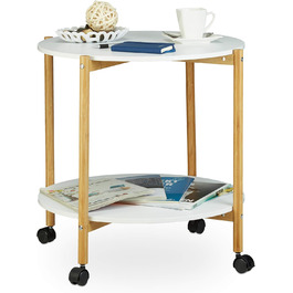 Relaxdays Beistelltisch mit Rollen, runder Kaffeetisch, 2 Ebenen, fahrbar, weiß, 61x61x58.5 cm