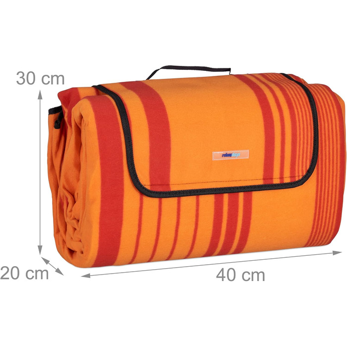 Relaxdays XXL Picknickdecke, 200x300 cm, isoliert, wasserdicht, gestreifte Fleece Stranddecke, Tragegriff, orange/rot