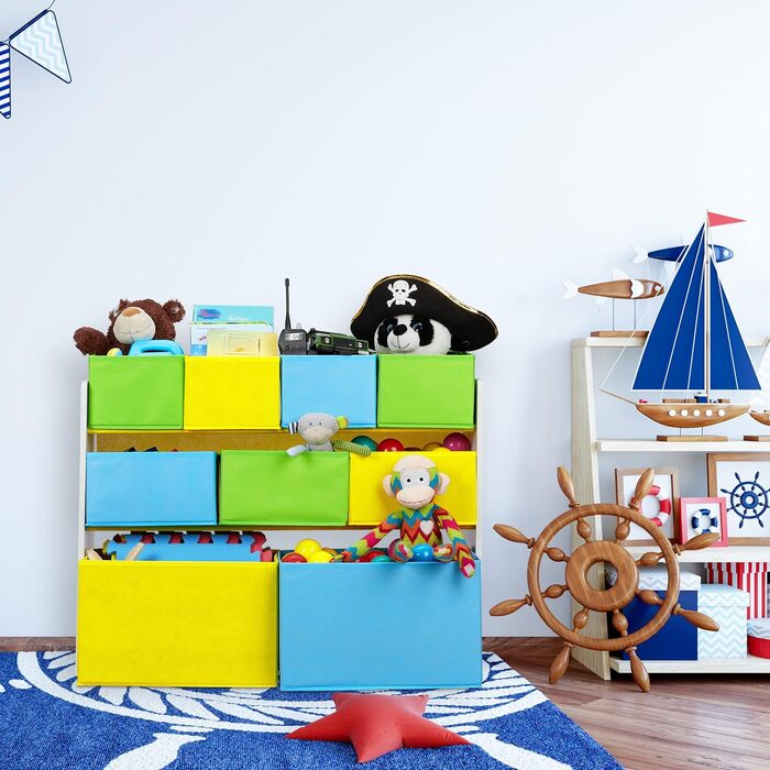 Relaxdays Kinderregal mit 9 Stoffboxen, Meerjungfrau Kindermotiv, Spielzeugregal Organizer HBT 66 x 82,5 x 29,5 cm, bunt, 1 Stück