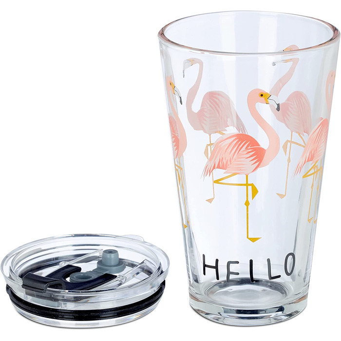 Relaxdays Glasbecher mit Deckel & Strohhalm, 4er Set Flamingo Gläser, 450 ml, spülmaschinenfest, Trinkglas, transparent