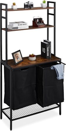 Relaxdays Wäschekorbregal, 2 ausziehbare Fächer, HBT: 162x80x34 cm, Ablagen, Wäschesammler, Wäscheablage, schwarz/braun