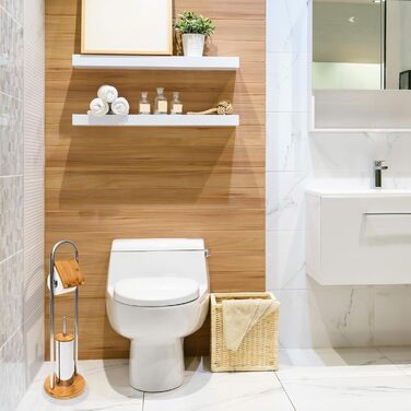 Relaxdays 10019178 WC-Garnitur Bambus und Toilettenpapierhalter, Bürstenhalter inklusive Toilettenbürste aus Kunststoff mit hygienischem Auffangbehälter rostfreier Edelstahl, natur