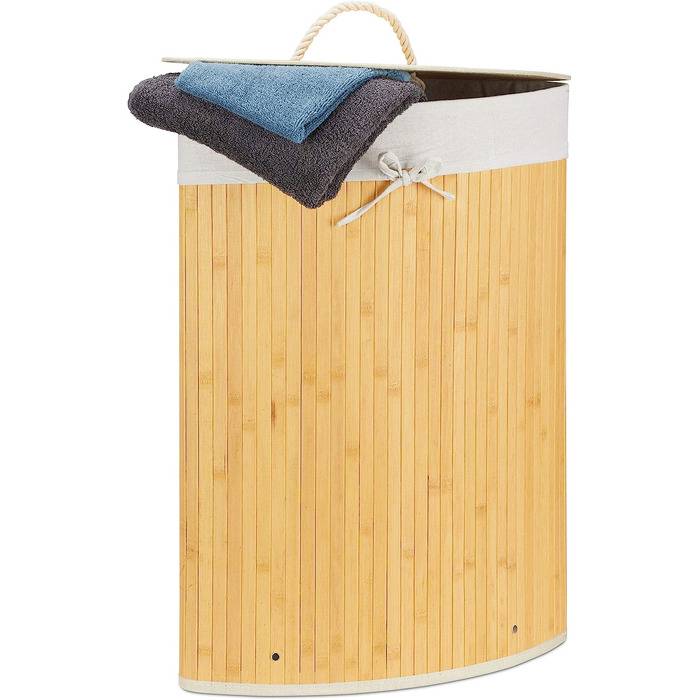 Relaxdays Eckwäschekorb, faltbar, 60 l, Baumwolle, HBT 65x49,5x37 cm, Creme, Bambus, abnehmbarer Deckel