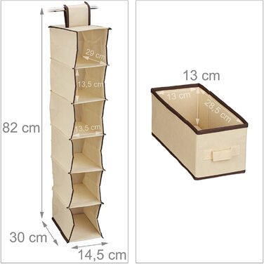 Relaxdays, Beige Hängeregal Stoff, Hängeaufbewahrung, 6 Fächer, 2 Schübe, für Kleiderschrank, HBT: ca. 82x14,5x30 cm, 30 x 14