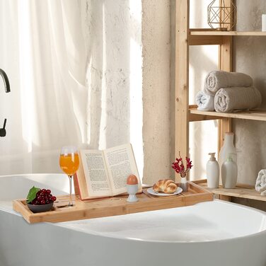 Relaxdays Badewannenablage Bambus, ausziehbar, Buch-, Utensilien- & Weinglashalter, Seifenschale, Badewannentisch, Natur, 1 S