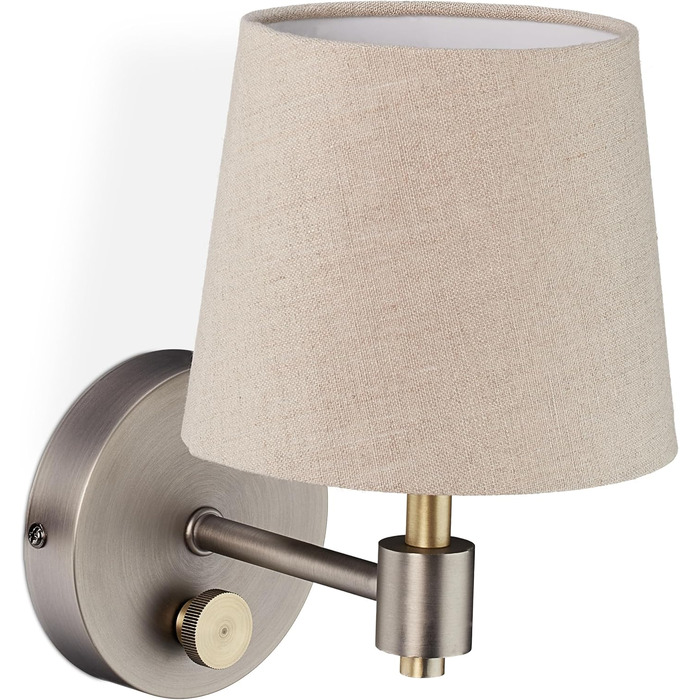Relaxdays Wandlampe Vintage, dimmbar, mit Schalter, Stoffschirm, E14, 23x15x21 cm, beige/silber