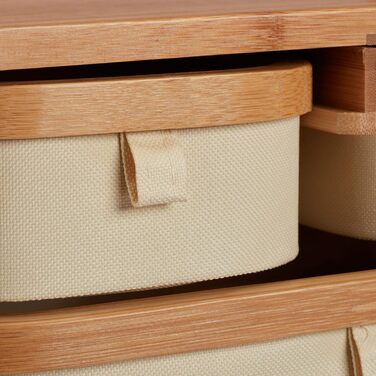 Relaxdays, Natur Mini Kommode Bambus, 3 Fächer, kleines Badregal, Stoff, Kosmetikorganizer Landhaus, HBT 19 x 34 x 23 cm, Standard