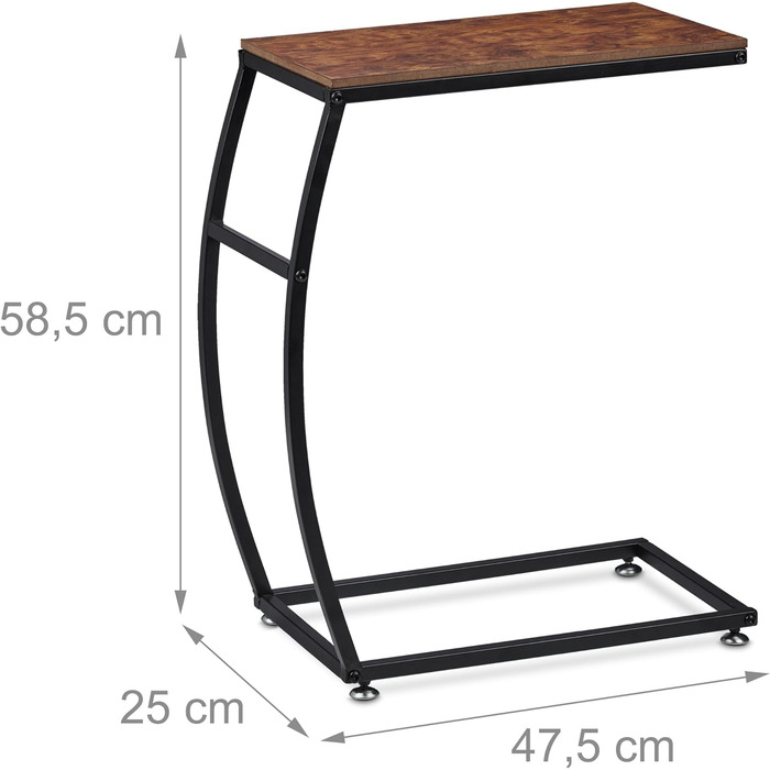 Relaxdays Beistelltisch Industrial Design, C-Form, HBT 58,5 x 47,5 x 25 cm, Tisch für Couch & Bett, Metall & MDF, braun
