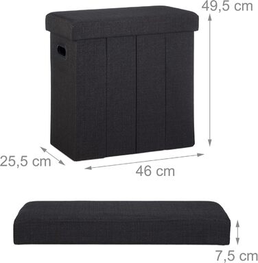 Relaxdays Faltbarer Sitzhocker mit Stauraum, Griffe, Leinen, Polyester, MDF, Schwarz, 49,5x46x25,5 cm