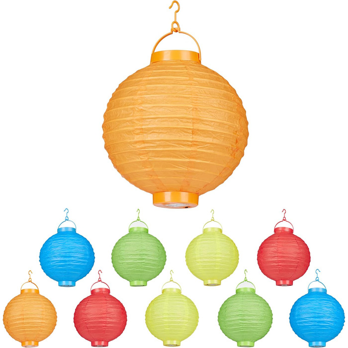 Relaxdays LED Lampions, 10 Stk, batteriebetrieben, Ø 20cm, für drinnen & draußen, mehrfarbig