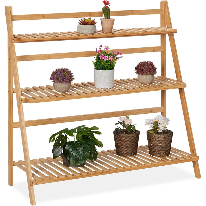 Relaxdays Blumenregal Bambus, 3 Ebenen, 96x99,5x37 cm, klappbare Blumentreppe, Natur