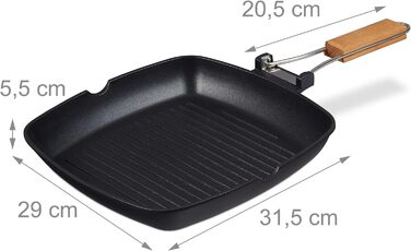 Relaxdays Grillpfanne, abnehmbarer Holzgriff, antihaftbeschichtet, BBQ Bratpfanne mit Rillen, Aluminium, schwarz, 5.5 x 51 x