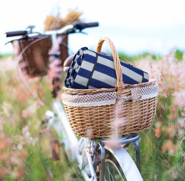 Relaxdays XXL Picknickdecke, 200x300 cm, isoliert, wasserdicht, gestreifte Fleece Stranddecke, Tragegriff, blau/grau