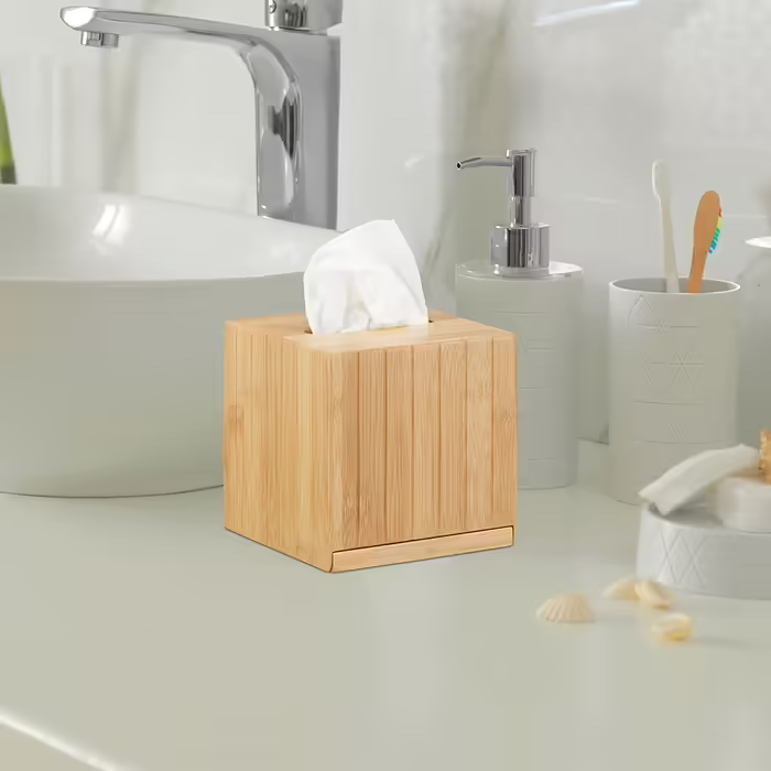 Relaxdays Kosmetiktücherbox Bambus, HBT: 8,5 x 27,5 x 15,5 cm, Tuchspender für Taschentücher u. Kosmetiktücher, Natur (Bundle mit Kosmetiktücherbox 14x14x14cm)