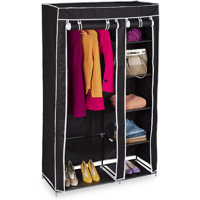 Relaxdays Stoffschrank, mit Kleiderstange & 5 Fächern, HBT: 174 x 107 x 42,5 cm, stabiler Faltschrank mit Bezug, schwarz