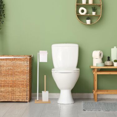 Relaxdays WC Garnitur, Klopapierhalter & Toilettenbürste mit Halter, Edelstahl & Bambus, weiß/natur