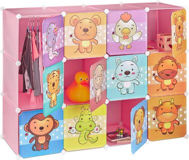 Relaxdays, blau Steckregal Kinderzimmer, Tiermotive, Jungen, Türen, Kleiderstangen, Kunststoff Kleiderschrank, 145x110cm, 60%, Standard