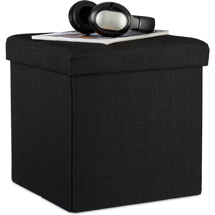 Relaxdays Faltbarer Sitzhocker, Sitzcube, Leinen, mit Deckel, 38x38x38 cm, Schwarz