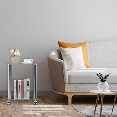 Relaxdays Beistelltisch mit Rollen, 2 Ablagen, eckig, Wohnzimmer, Glas & Stahl, mobiler Couchtisch, transparent/silber