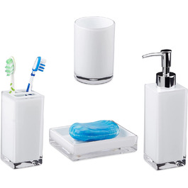 Relaxdays Badaccessoires Set 4-teilig, modern, Zahnputzbecher, Zahnbürstenhalter, Seifenspender, Seifenschale,  9 x 12 x 19.5 cm (Weiß)