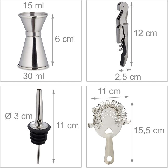 Relaxdays 11-tlg. Profi Cocktail Set: Ständer, Shaker, Barmaß, Ausgießer, Eiszange, Edelstahl, silber/natur