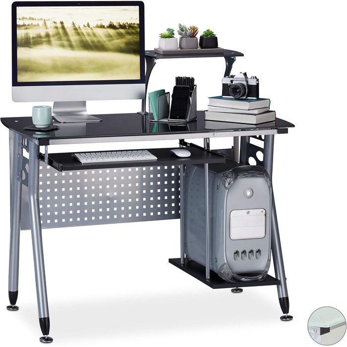 Relaxdays Computertisch, Glas, Tastaturauszug, Fach für Rechner, HBT 98x105x55 cm, modern, Schwarz