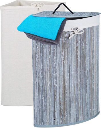 Relaxdays Eckwäschekorb Bambus, faltbar, 60L, 2 Wäschesäcke, HBT 66x49,5x37 cm, grau, 1 Stück