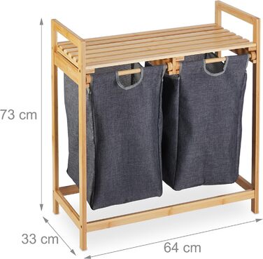 Relaxdays Wäschekorb Bambus, 2 Fächer, ausziehbar, 60L, Natur, 1 Stück (Grau)