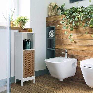 Relaxdays Badezimmerschrank, 3 Fächer, 96,5x30x30 cm, schmal, Rattan-Tür, weiß/Natur