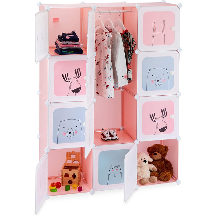 Relaxdays Steckregal Kinderzimmer, Mädchen, lustige Motive, DIY Schrank mit Türen, 145x110x37,5 cm, rosa