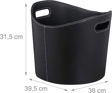Relaxdays, schwarz Kaminholzkorb Kunstleder  stabiler Feuerholzkorb mit Tragegriffen, für Brennholz & Zeitungen, oval, 80% Pappe (L, Single)