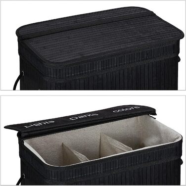 Relaxdays Wäschesortierer, Bambus, 3 Fächer, je 30 Liter, Wäschekorb mit Deckel, Griffe, HxBxT: 63 x 55 x 35 cm, (Schwarz)