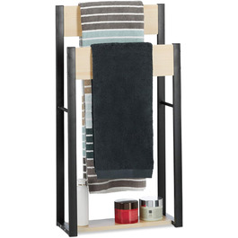 Relaxdays Handtuchhalter stehend, U-Design, 2 Ablagen, HxBxT: 86x45x19 cm, Holz + Stahl, natur