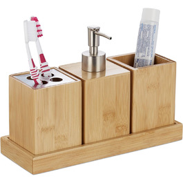 Relaxdays Bade-Set, 4-tlg., Bambus, Seifenspender, Becher, Halter, Schale