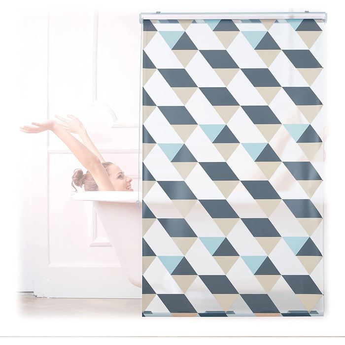 Relaxdays Duschrollo, 100x240 cm, Dreieck Muster, Seilzug, Flexible Montage, Duschvorhang für Badewanne & Fenster, bunt