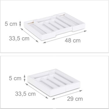 Relaxdays Besteckkasten Schublade, ausziehbar, variable Breite, 5 bis 7 Fächer, Bambus Organizer, HBT: 5x48x33,5cm, weiß